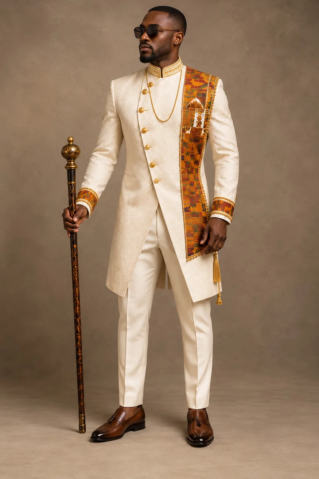 A bespoke cream jacket with kente detailing